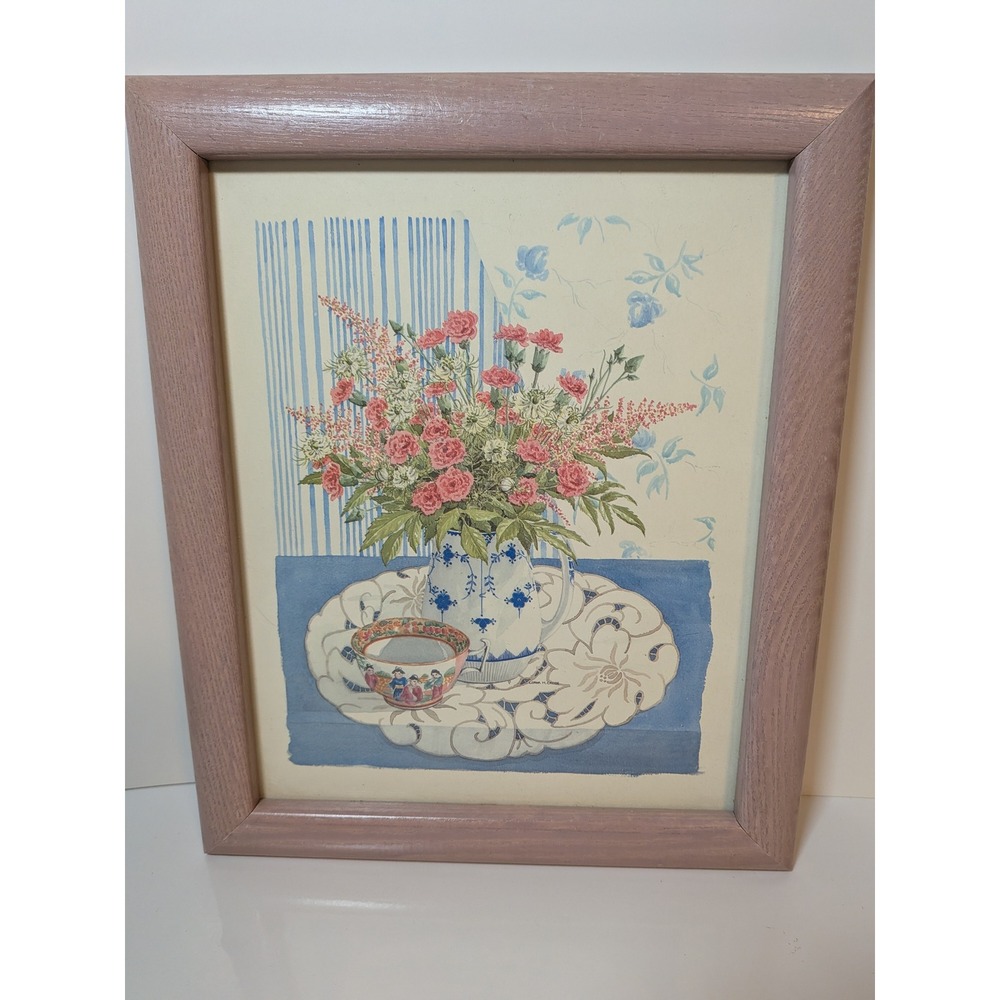 Vintage Floral Still Life Framed Art Print Pink Carnations Blue White Pitcher